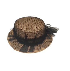 Tarnish Women's Brown Boater Straw Hat With Dotted Tulle Netting